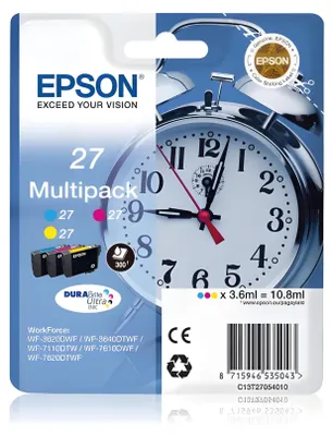 Produktbild von Epson Alarm clock Multipack 3-colour 27 DURABrite Ultra Ink, Standardertrag, Cyan, Magenta, Gelb, Tinte auf Pigmentbasis, 3,6 ml, 1 Stück(e), Multipack