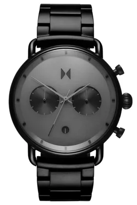 A studio shot of a black chronograph watch.
