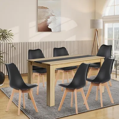 Image de Table de salle à manger avec 6 chaises. Ensemble de salle à manger comprenant 6 chaises et une table rectangulaire en bois de 140 cm, idéal pour le salon, la cuisine ou le bureau (table en chêne et noir + 6 chaises noires)
