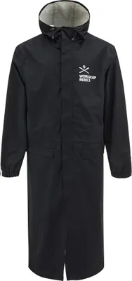 A black unisex rain coat with a hood, displayed front-on against a white background.