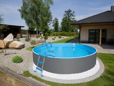 Zdjęcie produktu dla Basen Azuro 3,55 x 0,9 m, kolor szary Lagoon, grubość ścianek 0,25 mm – basen nadziemny z drabinką bezpieczeństwa i skimmerem 12 V, productTiles.product.images.aiGenerated