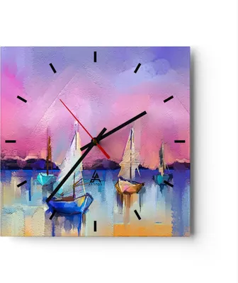 Produktbild von Wanduhr - Quadrat - Glasuhr - Segelboot See - 30x30cm - Schleichendes Uhrwerk - Lautlos - zum Aufhängen bereit - Dekoration Modern - Wanddekoration aus Glas - C3AC30x30-4099