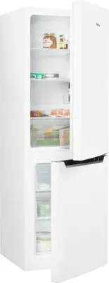 A white refrigerator with its doors open, showing shelves stocked with food items.