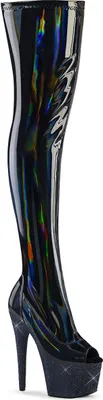 Produktbild von BEJEWELED-3011-7 Pleaser Peep Toe Overkneestiefel Stretch schwarz Holo Lack Strass