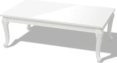 A white, glossy coffee table with ornate legs shown from a slightly elevated side angle.