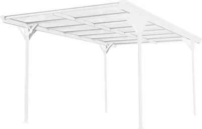 A white aluminum carport with a flat roof and transparent panels.