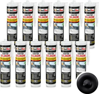 Produktbild von Isolbau Sanitär Silikon 12 x 300 ml Schwarz - Hochelastischer Silikon-Dichtstoff für Abdichtungen & Fugen – Schimmelresistent, wasserdicht -  Kartusche