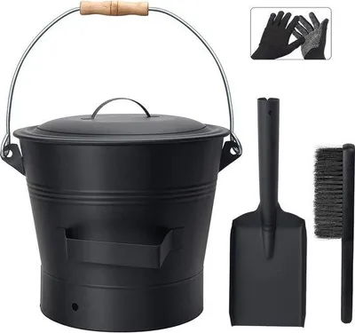 Produktbild von Emmer für offene Kamine, runde Kohle-Eimer mit Deckel, 10 Liter Eimer mit Schaufel und Besen, Werkzeugset-Accessoires für offene Kamine, Kamin, Holzkachel
