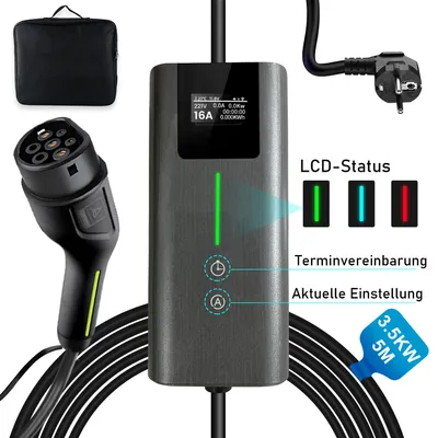Immagine prodotto di Cavo di ricarica EV tipo 2 6-16A 3,5KW 240V 5m per caricatore EV Tesla e stazione di ricarica mobile con borsa per il trasporto
