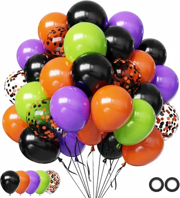 Zdjęcie produktu dla Balony czarne, pomarańczowe, fioletowe, zielone, 30 cm - zestaw 60 sztuk - balony na Halloween
