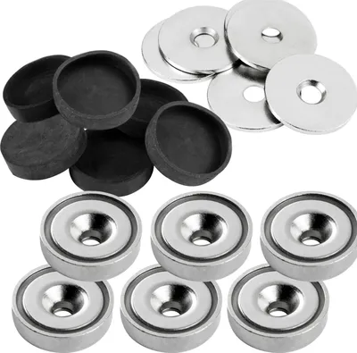 Produktbild von vasalat Topfmagnet mit Bohrung, Magnet mit Metallscheiben und Gummi-Kappen, Rundmagnet ø 20mm, Neodym vernickelt 18-teilig