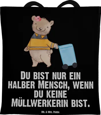 Produktbild von Mr. & Mrs. Panda Jutebeutel Müllwerkerin Herz - Schwarz - Geschenk, Müllfrau, Schultasche, dokumententasche, totebag, Spruch, Tasche, Witzig, Lustig, Shopping