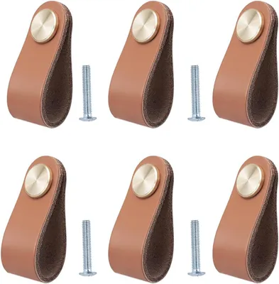 Imagen del producto de Tiradores de cuero hechos a mano, juego de 6 unidades, 6,3 x 2,5 cm, para armarios y cajones