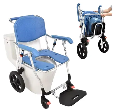 Produktbild von Duschstuhl mit Rollen, multifunktionaler klappbarer Toilettenstuhl mit Urineimer, wasserdicht und rutschfest, geeignet für Senioren und Schwangere, Tragfähigkeit 150 kg