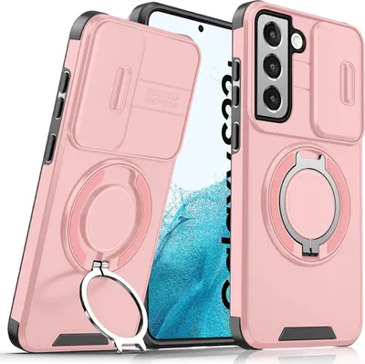 Immagine prodotto di Custodia a doppio strato per Samsung Galaxy S22 5G, con copertura scorrevole della fotocamera e supporto ad anello magnetico Rosa