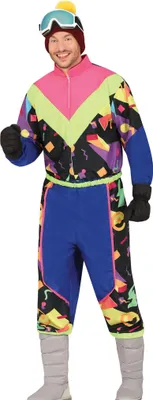 Mann trägt bunten Retro Skianzug im 80er Jahre Stil mit Neonfarben.