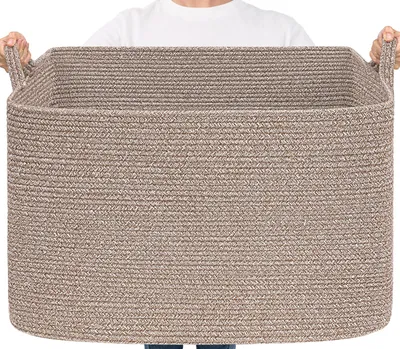 Produktbild von Großer, rechteckiger Aufbewahrungskorb aus Baumwollseil für Decken, Kleidung und Spielzeug; geeignet für Wohn- und Kinderzimmer; 63,5 x 40,5 x 40,5 cm; braun