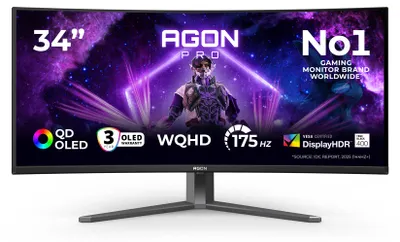 Produktbild von AOC AGON PRO AG346UCDAM, 86,4 cm (34"), 3440 x 1440 Pixel, Wide Quad HD, QD-OLED, 0,03 ms, Schwarz, Grau