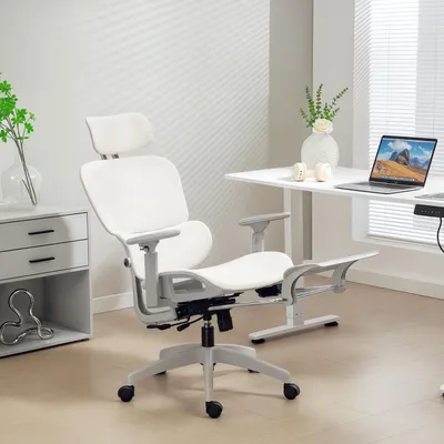 Produktbild von Bürostuhl ergonomisch mit Fußstütze, Schreibtischstuhl 135° neigbar, Netzstoff-Bezug, Beige | 66 x 64 x 122 cm | Kopfstütze | Lendenstütze
