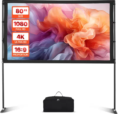 A portable projector screen with a stand and a carrying bag, set against a white background.