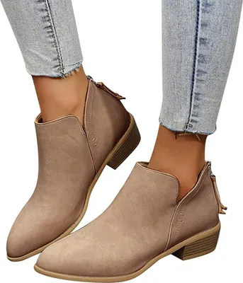Image de ASKSA Femme Coupe en V Bottes courtes Pointe Talon Bas Bottines, Kaki, Taille : 40