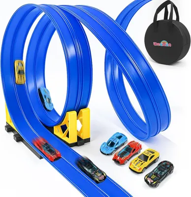 Image de Circuit de course flexible pour enfants de 3 à 6 ans - Circuit double voie avec 4 petites voitures et ventouses