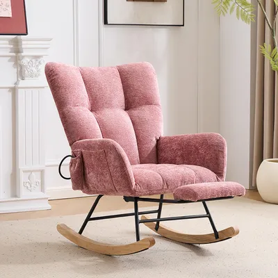 Produktbild von Schaukelstuhl fürs Kinderzimmer mit Airbag, bequemer Schaukel-Lesesessel für drinnen, Wohnzimmer, Schlafzimmer, Büro (Chenille, Rosa)