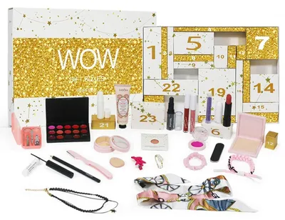 Productafbeelding van Adventskalender make-up: 24 stuks, inclusief lippenstiften, oogschaduw, mascara en meer, in verschillende kleuren. #D