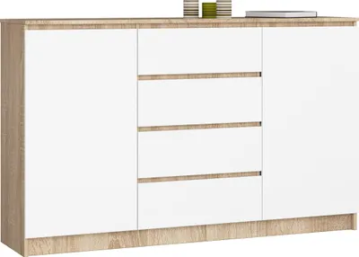 Produktbild von Kommode AKORD K160 Sonoma-Eiche 160 cm 2 Türen 4 Schubladen 4 Ebenen Front Weiß B160 x H99 x T40 cm
