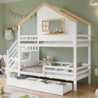 Productafbeelding van STILVORA kinderbed 90x200 met opbergruimte en trap, etagebed met huisvormig ontwerp, tweepersoonsbed met 2 lades, MDF, zonder matras, wit en naturel