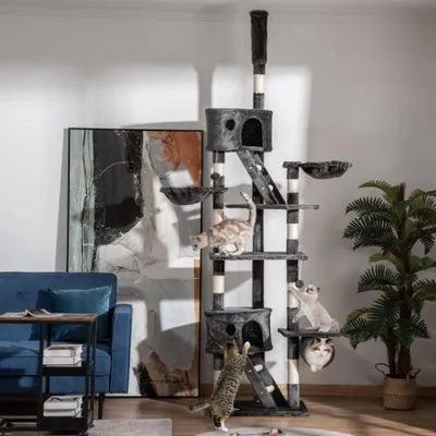 Produktbild von Kratzbaum 240-260 cm Deckenhoch Katzenhöhle mit 2 Höhlen Hängematte Kratzstamm Spielbälle für Große Katzen