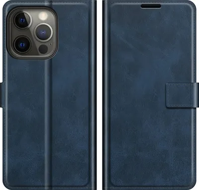 A blue flip case for an iPhone 13 Pro is shown from the front and back.