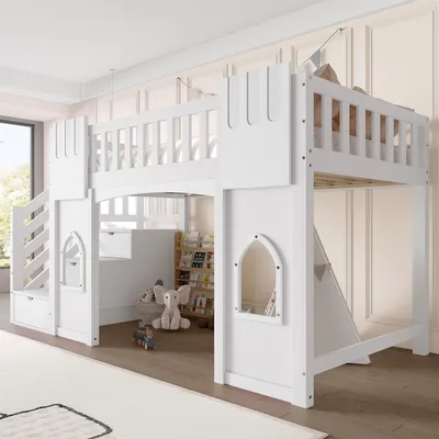 Produktbild von STILVORA Hochbett 90x200 KInderbett mit Matratze Stauraumtreppe 2 Fenstern und Geländer Geländer an der oberen Koje Weiß