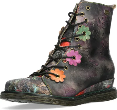 Produktbild von Laura Vita Damen Stiefelette Leder Blütenapplikation Keilabsatz Ercnaulto 212, Größe:39 EU, Farbe:Violett