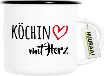 Produktbild von Huuraa Emaille Tasse Köchin mit Herz 300ml Vintage Campingbecher Geschenkidee