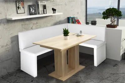 Produktbild von Eckbankgruppe 168x128 cm ROBIN L Weiss / Esstisch DANTE Sonoma Eiche