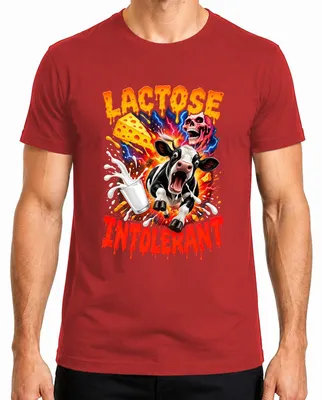 Zdjęcie produktu dla T-shirt męski, czerwony, rozmiar M, z motywem: "Intolerancja laktozy: krowa, mleko, ser, humor". (Dla osób z nietolerancją laktozy)