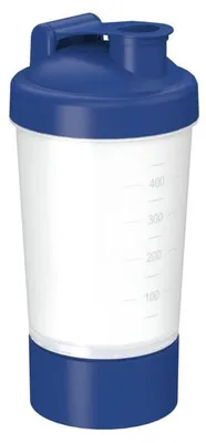 Produktbild von Shaker 400 ml "Protein" Pro 1 - Fitness Shaker für Eiweiß- & Sportgetränke - Gym Shaker mit herausnehmbarem Sieb & abnehmbarem Fach - transparent/standard-blau PP