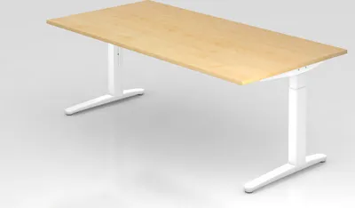 Produktbild von Schreibtisch Mika | Ahorn | Weißes Gestell | BxT 200x100cm | Arbeitshöhe 65-85cm | höhenjustierbar, 1cm Raster | C-Fuß-Gestell | Rechteckform