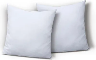Two white square pillows are shown against a white background.