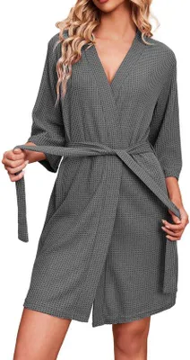 Image de Peignoir pour femme léger à col en V, manches 3/4, gris foncé, peignoir de sauna