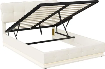 Zdjęcie produktu dla Łóżko tapicerowane ProximaX 140x200 cm w beżowym aksamicie ze schowkiem LED i sprężyną gazową - nowoczesne łóżko podwójne z podstawą łóżka i efektem unoszenia się w powietrzu