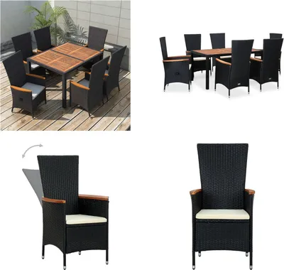 Produktbild von vidaXL 7 tlg. Garten Essgruppe Poly Rattan Akazienholz Schwarz - Gartenmöbel-Set - Gartenmöbel-Sets - Gartentisch Und Stühle - Gartentische Und Stühle