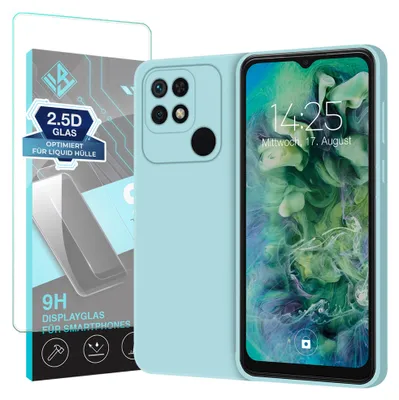 Produktbild von Hülle für Xiaomi Redmi 10C mit 9H Displayglas Displayschutz Case Cover Bumper Smartphone Softgrip Schutzhülle Farbe: Hellblau