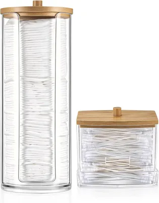 Imagen del producto de Dispensadores de hisopos y discos de algodón, 2 unidades, con tapa de bambú, transparentes, para baño y cosmética