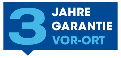 A blue banner with a large number '3' and text indicating 'JAHRE GARANTIE VOR-ORT' (3 years on-site warranty).