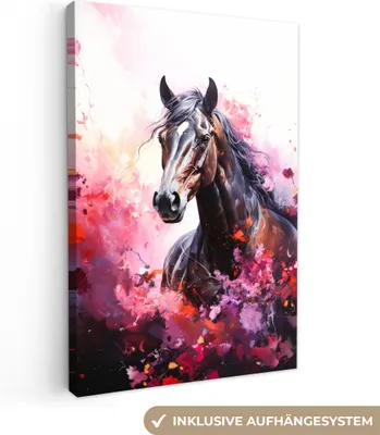 Produktbild von MuchoWow® - Leinwandbilder - Pferd - Tiere - Mädchen - Rosa, Wandbild, Wanddeko Bilder Wohnzimmer, 40x60 cm