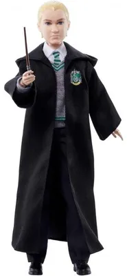 Image de Harry potter drago malefoy en tenue de sorcier serpentard avec baguette - poupée mannequin - mattel hmf35