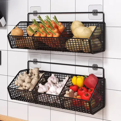 Produktbild von 2 STK Obstkorb aus Metall zum Aufhängen für Küchenwand, 3 Gitter, Metalldraht, Obst- und Gemüsekörbe, Badezimmer-Wand-Aufbewahrungskorb, rostbeständig