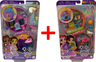 Produktbild von 2er-Set Polly Pocket HWN96 Delfin Rettungsstation Schatulle und HWN98 Moped-Schatulle, Mini-Tiere, Zubehör, Mini-Puppen, Geschenk-Set
